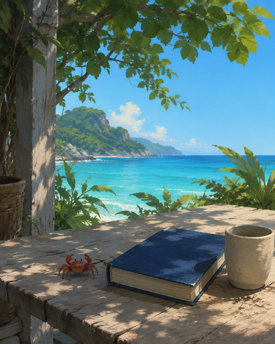 A little red crab beside a book and a cup, in a shady spot by the sea.