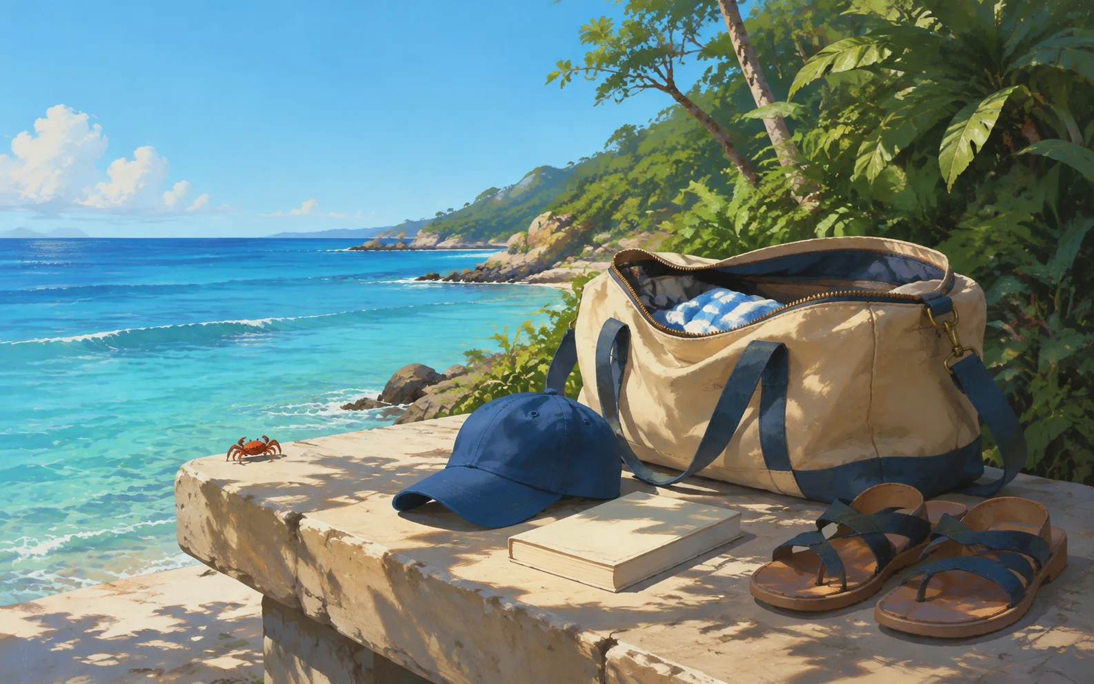 A weekend bag, a book and sandals on a sunny bench beside the sea.